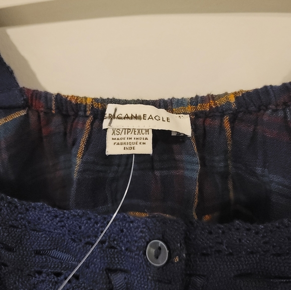 American Eagle Puffed Sleeves Crop Plaid Top | Size XS | Purple & Blue | NWOT - Picture 3 of 7